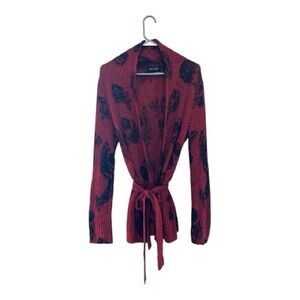 Y2K Era Axcess Red and Black Floral Print Long Tie Front Cardigan Sweater Large